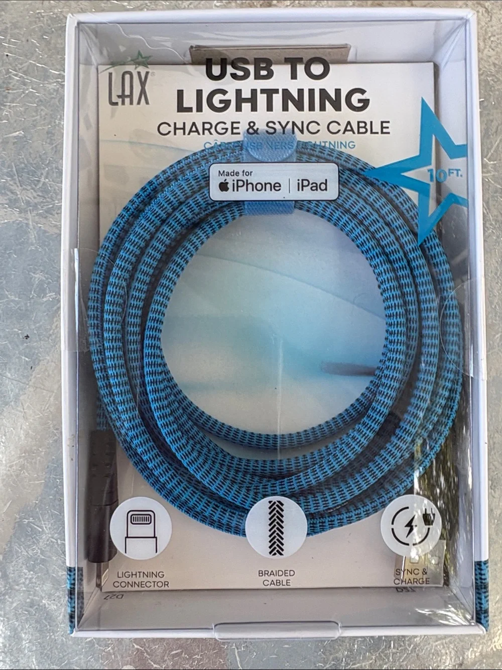 Blue Braided USB to Lightning Charge & Sync Cable for iPhone/iPad - 10ft